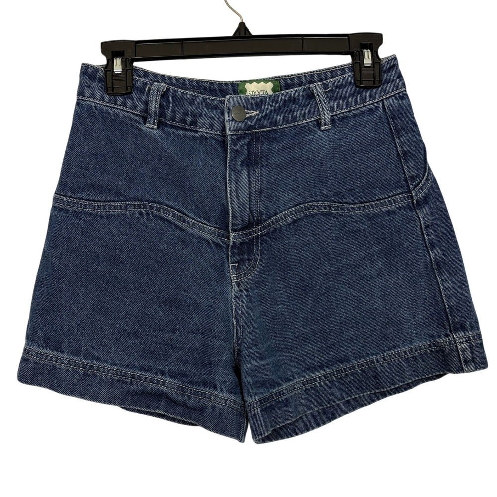 Sixxta High Waisted Denim Shorts Dark Wash Blue Curved Yoke Seam Womens Size 6